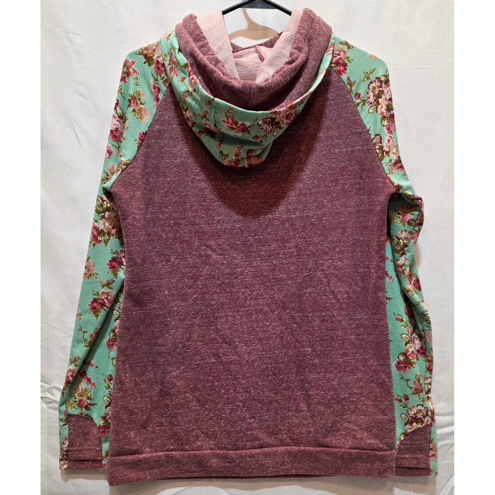 Ampersand Avenue Womens Floral Raglan Double Hood Hoodie Burgundy Mint Medium - Picture 2 of 5